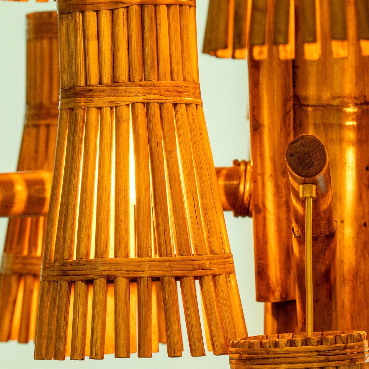 Magnificent Extra Large Rotan Rattan and Brass Chandelier, Handwoven