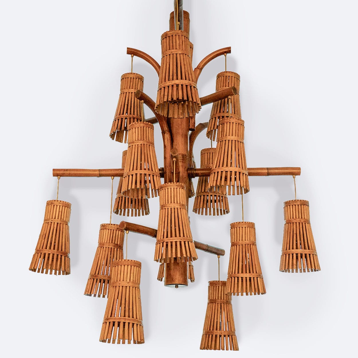 Magnificent Extra Large Rotan Rattan and Brass Chandelier, Handwoven