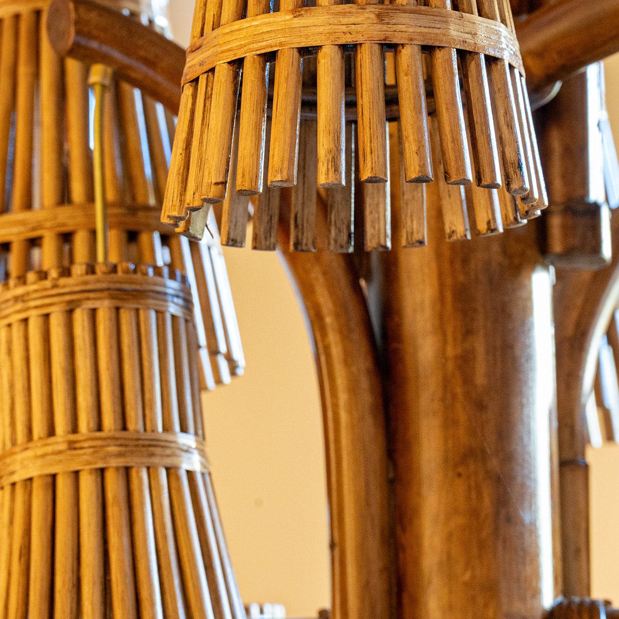 Magnificent Extra Large Rotan Rattan and Brass Chandelier, Handwoven