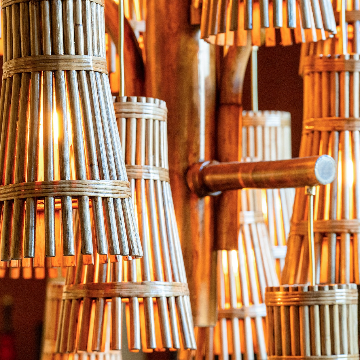 Magnificent Extra Large Rotan Rattan and Brass Chandelier, Handwoven