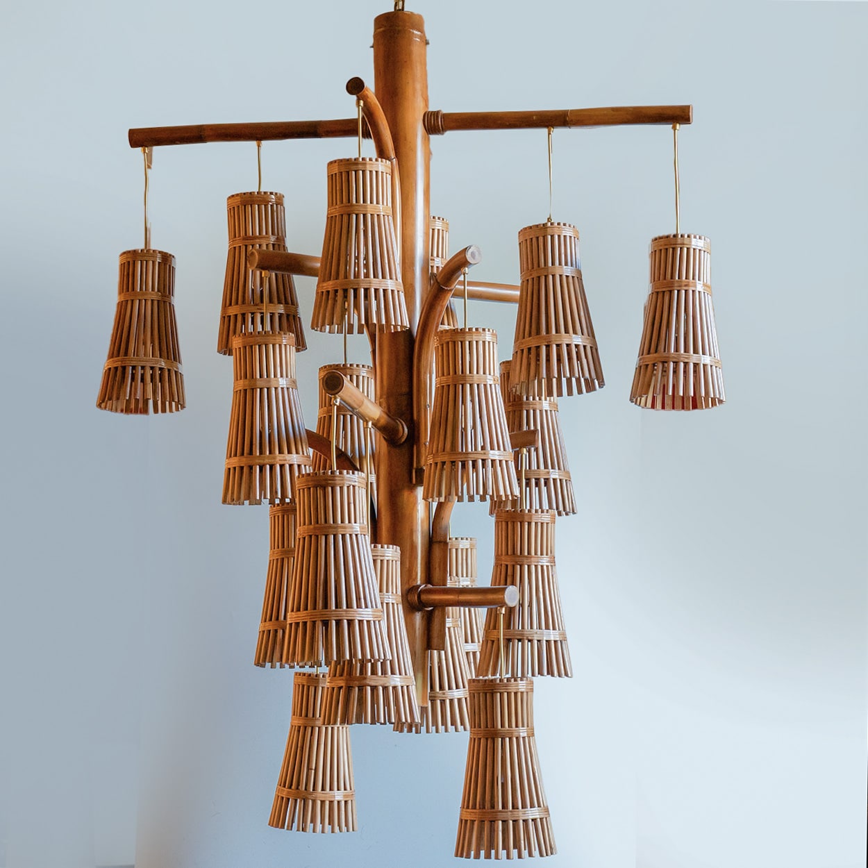 Magnificent Extra Large Rotan Rattan and Brass Chandelier, Handwoven