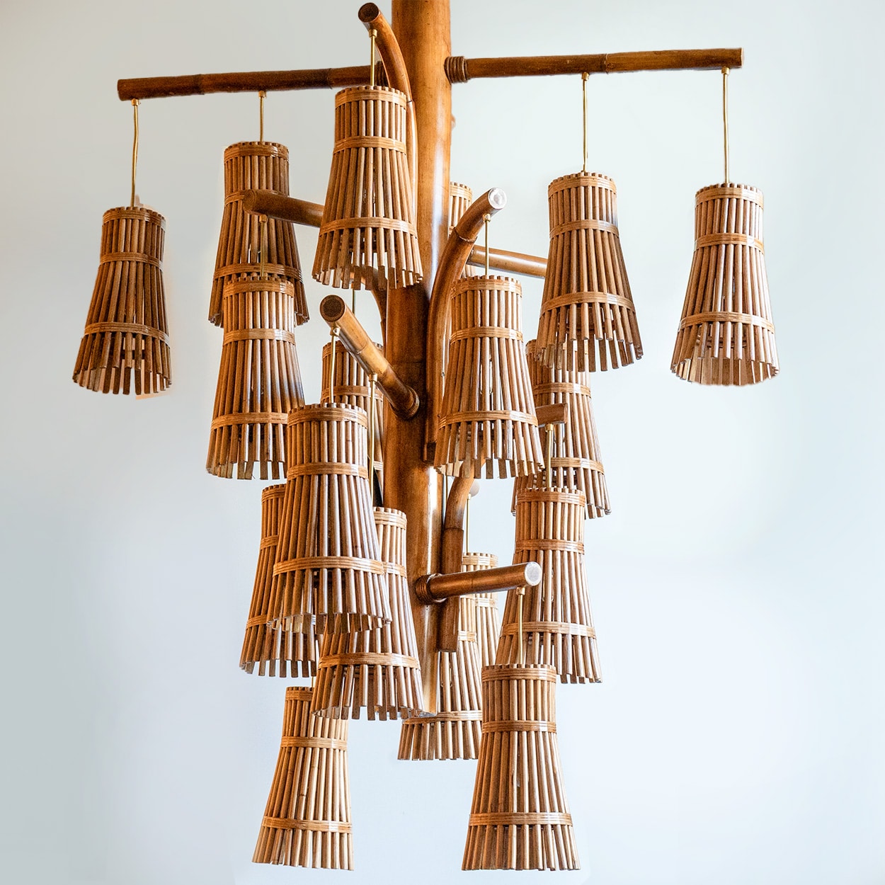 Magnificent Extra Large Rotan Rattan and Brass Chandelier, Handwoven