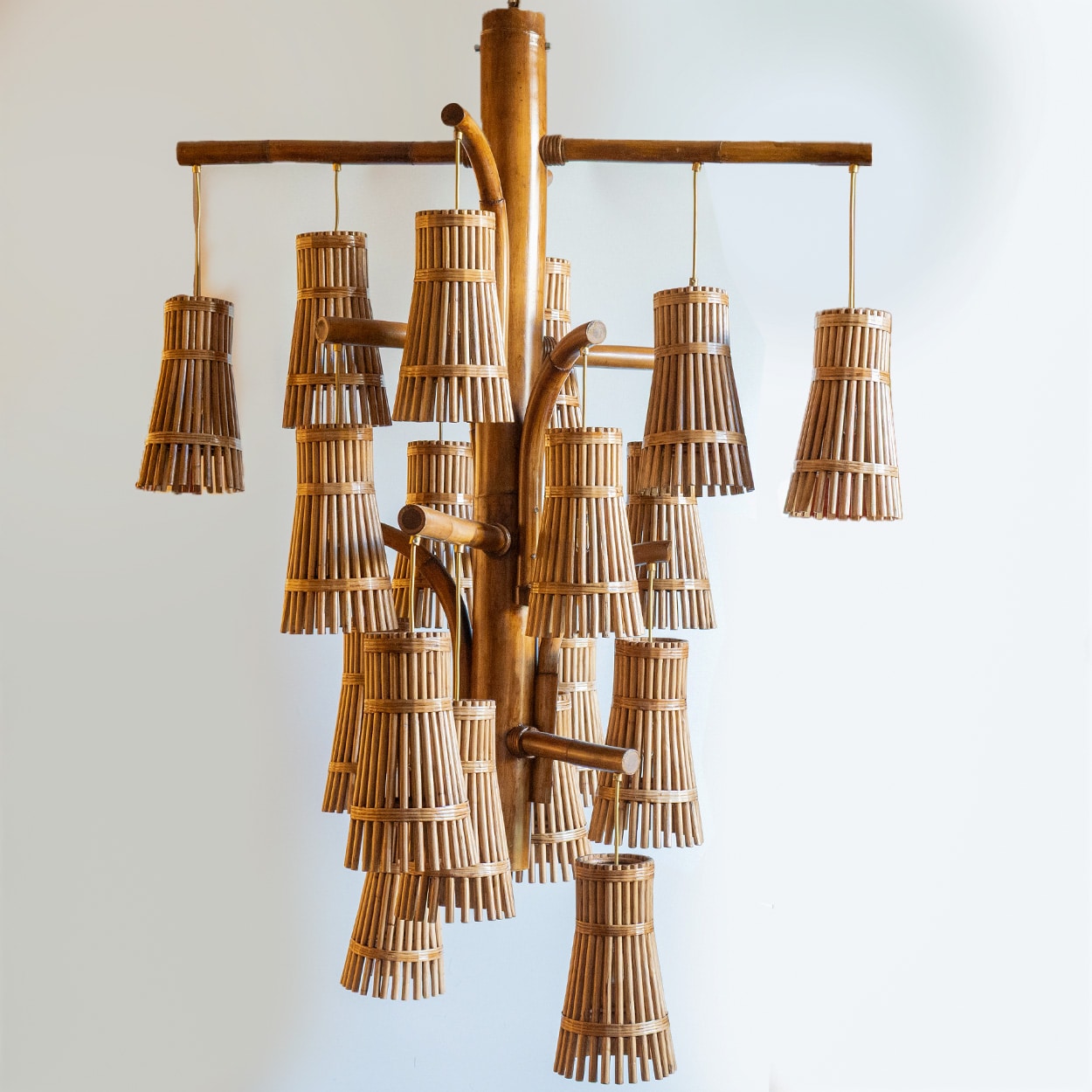 Magnificent Extra Large Rotan Rattan and Brass Chandelier, Handwoven