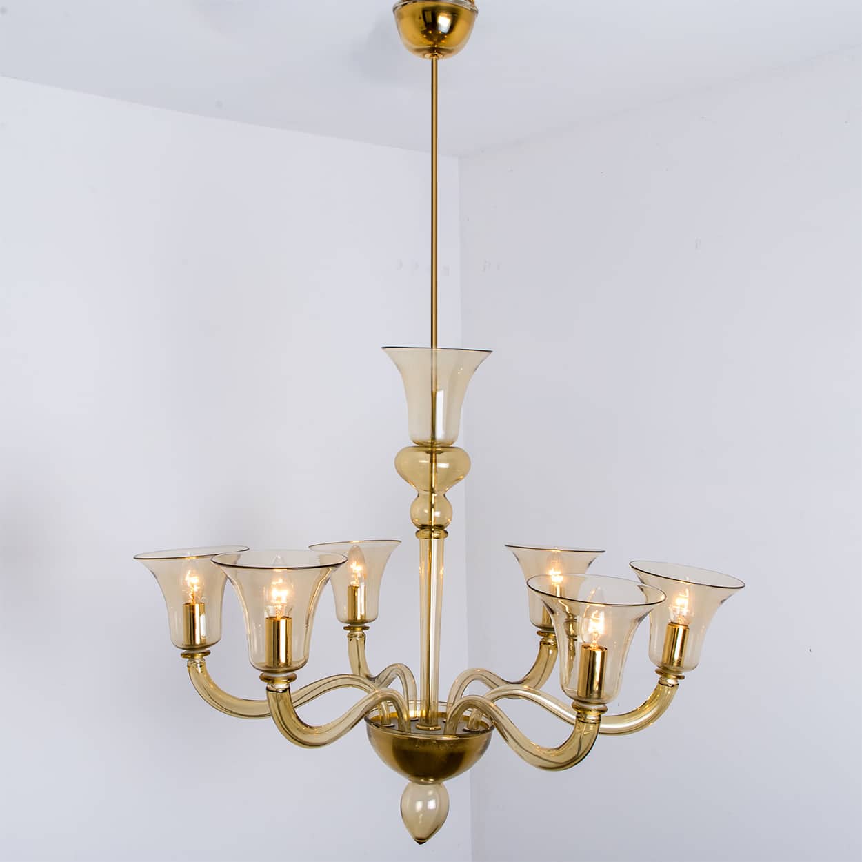 Beautiful Murano Amber Glass 6 Arms Chandelier with Brass Rod