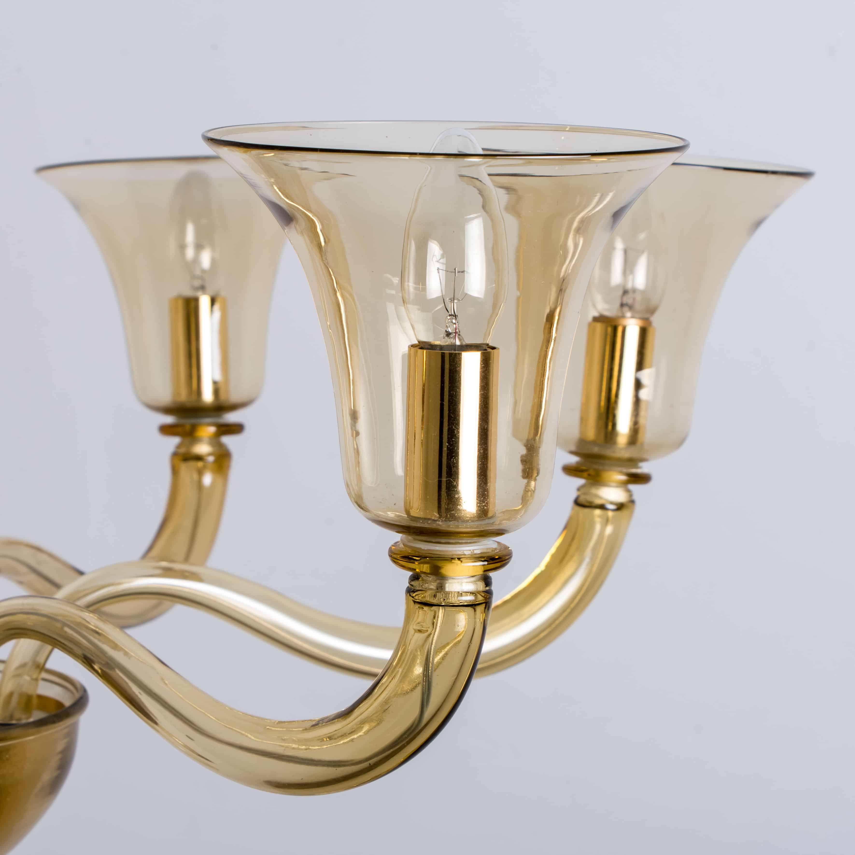 Beautiful Murano Amber Glass 6 Arms Chandelier with Brass Rod