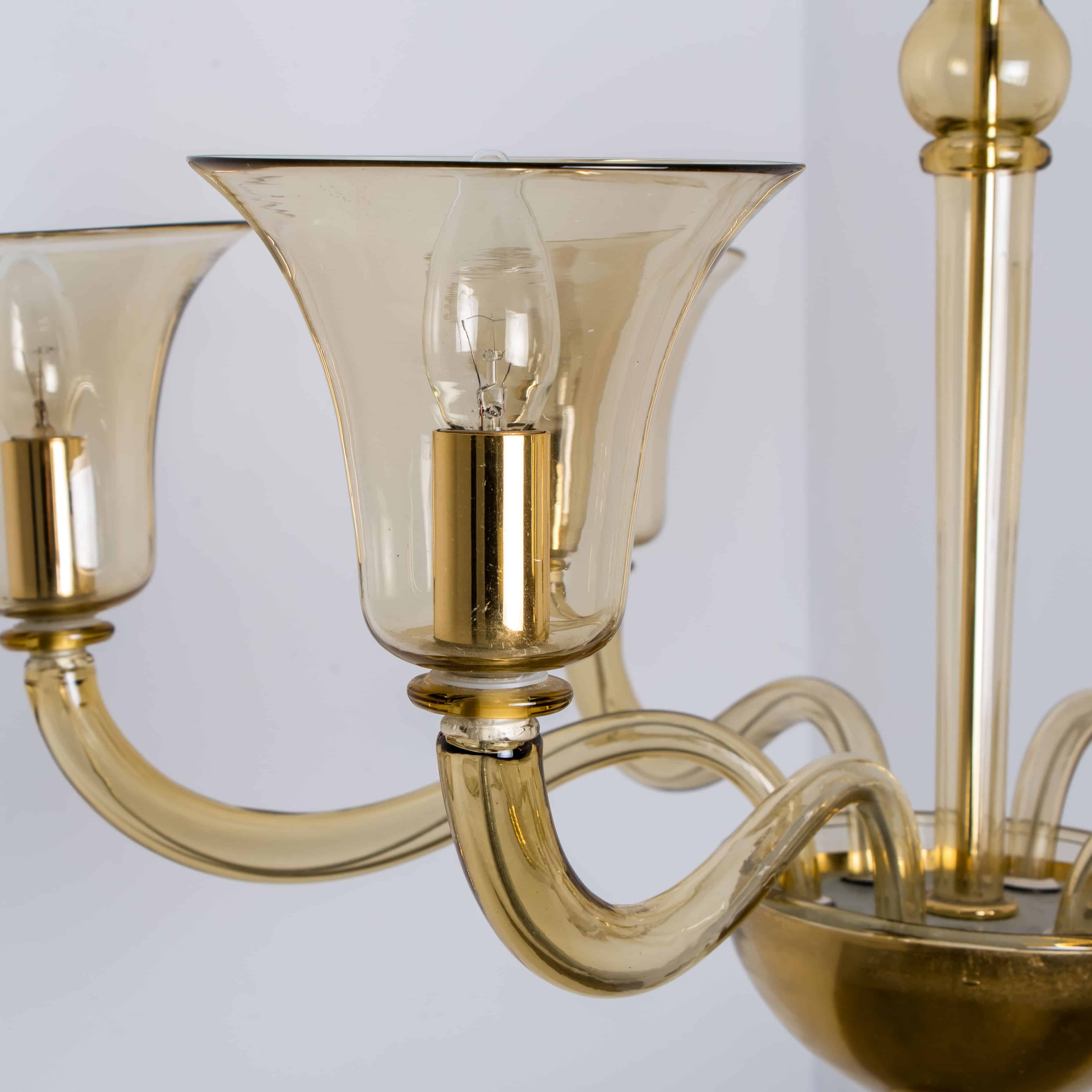 Beautiful Murano Amber Glass 6 Arms Chandelier with Brass Rod