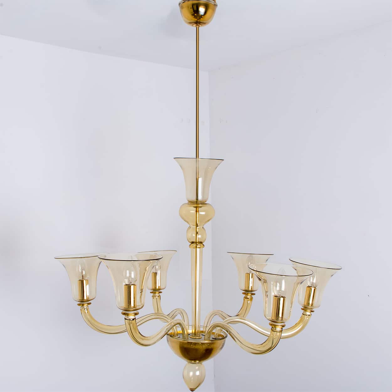 Beautiful Murano Amber Glass 6 Arms Chandelier with Brass Rod