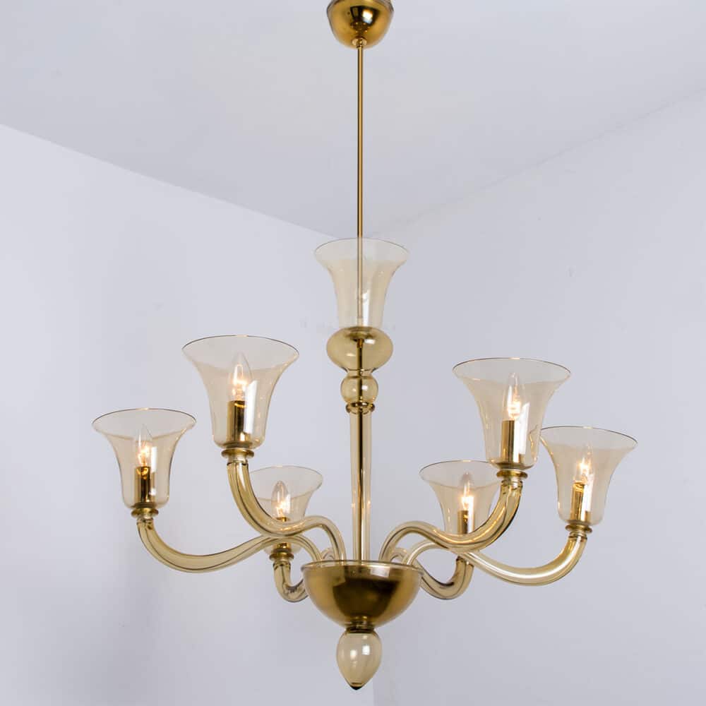 Beautiful Murano Amber Glass 6 Arms Chandelier with Brass Rod