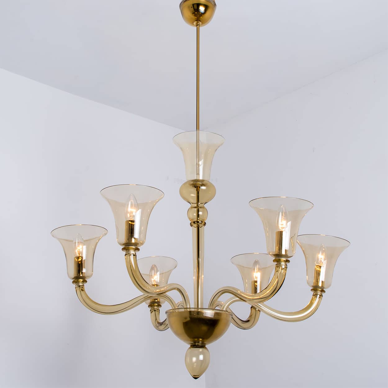 Beautiful Murano Amber Glass 6 Arms Chandelier with Brass Rod