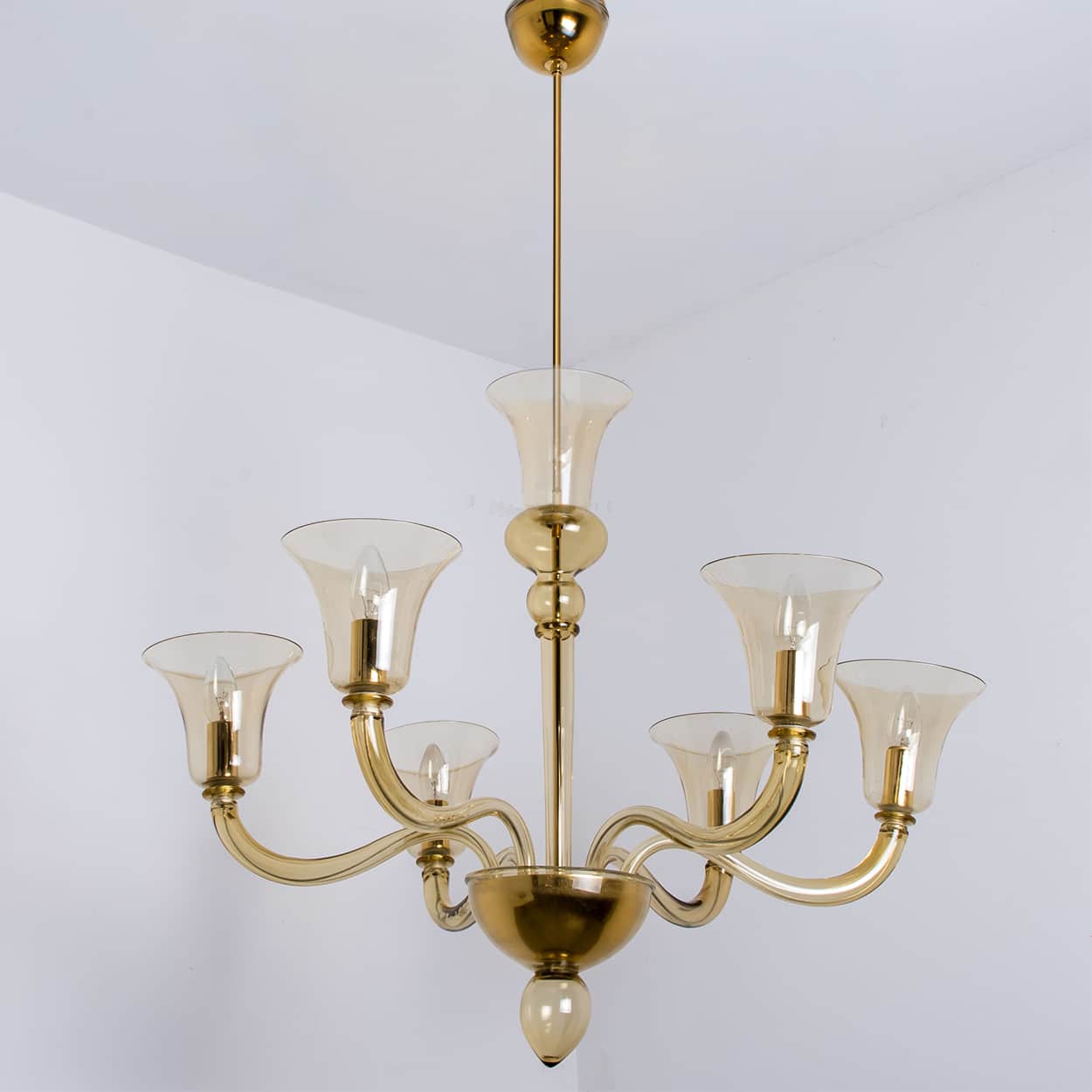 Beautiful Murano Amber Glass 6 Arms Chandelier with Brass Rod