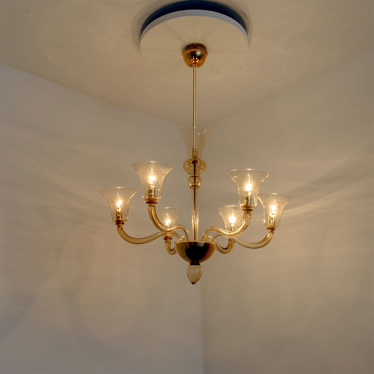 Beautiful Murano Amber Glass 6 Arms Chandelier with Brass Rod