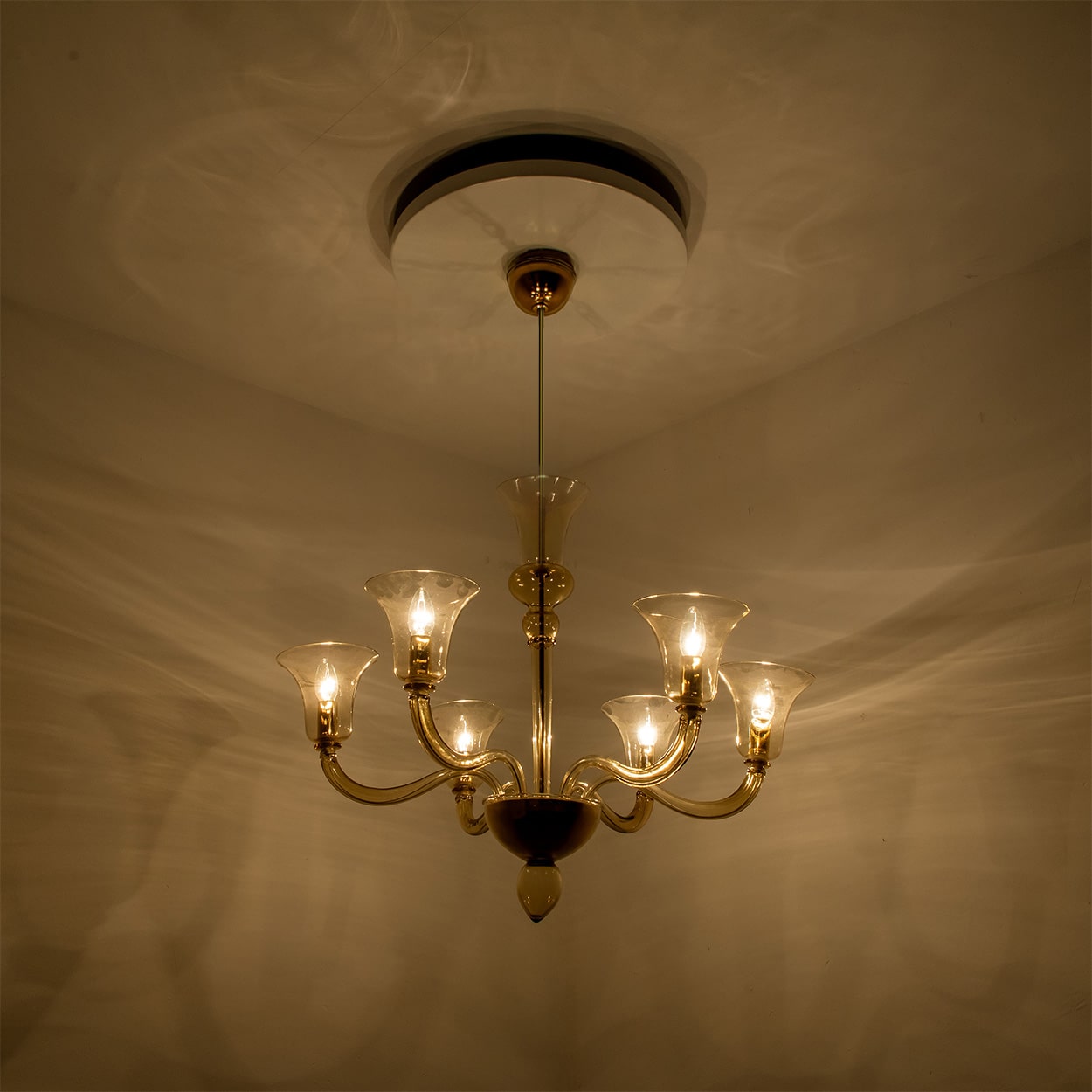 Beautiful Murano Amber Glass 6 Arms Chandelier with Brass Rod
