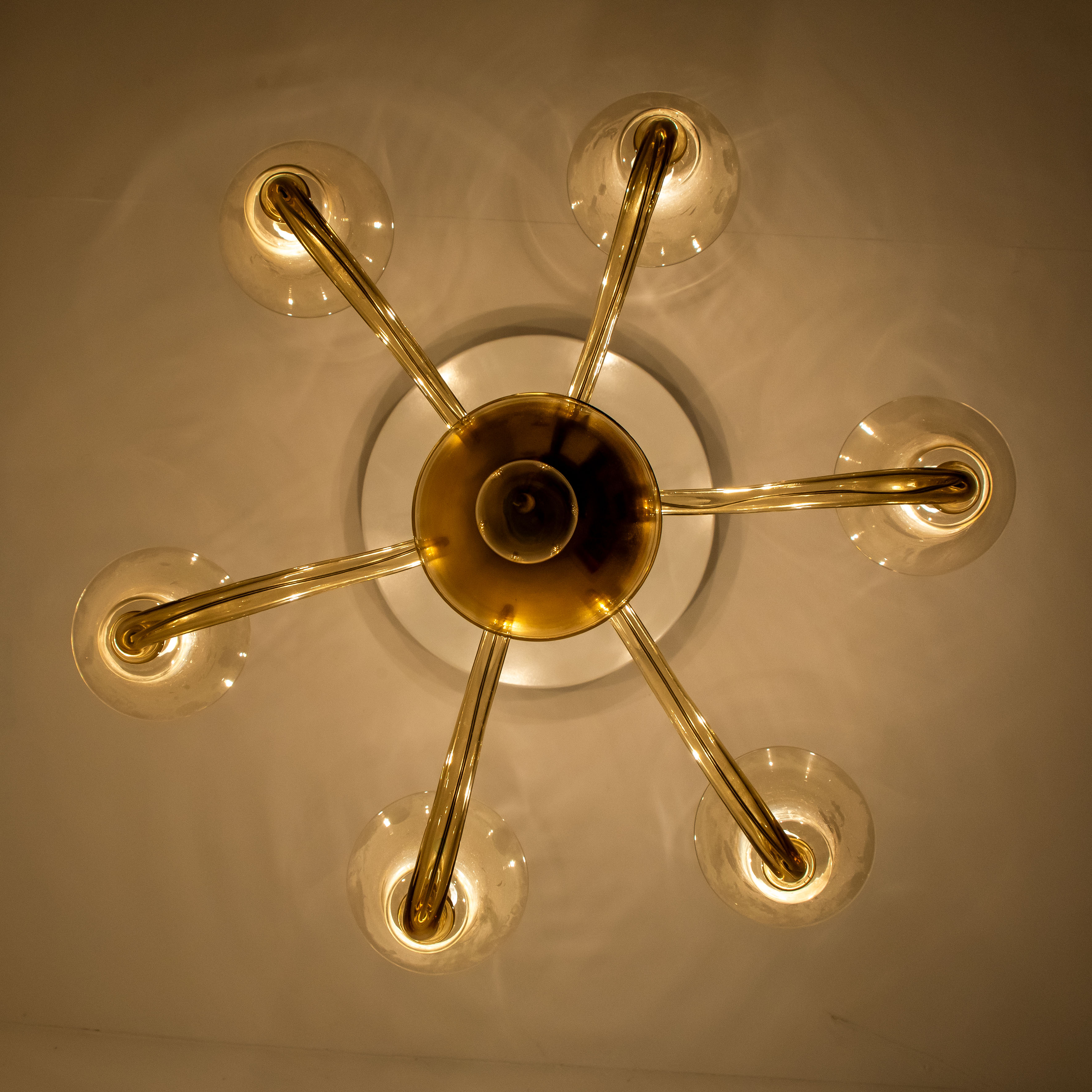 Beautiful Murano Amber Glass 6 Arms Chandelier with Brass Rod