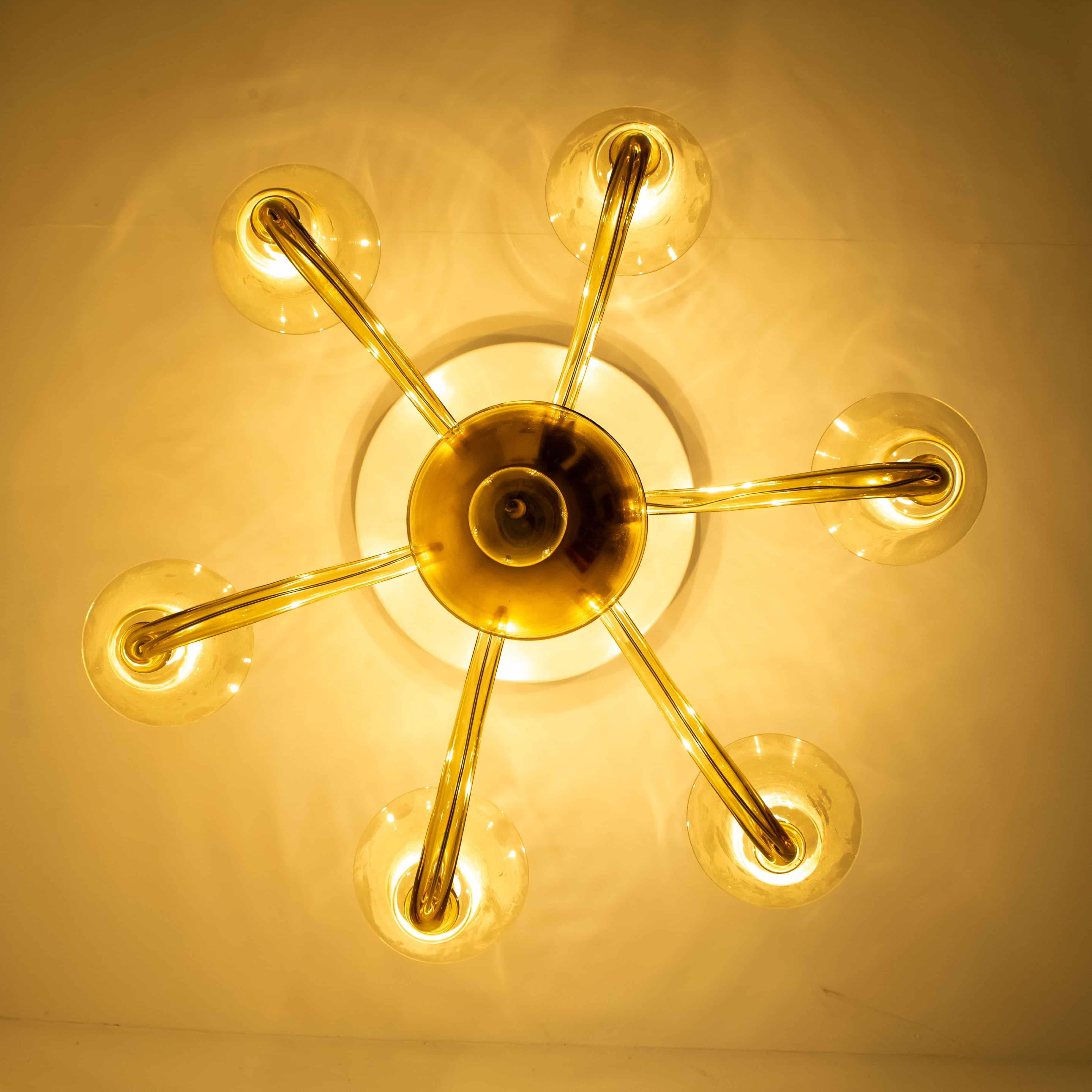 Beautiful Murano Amber Glass 6 Arms Chandelier with Brass Rod