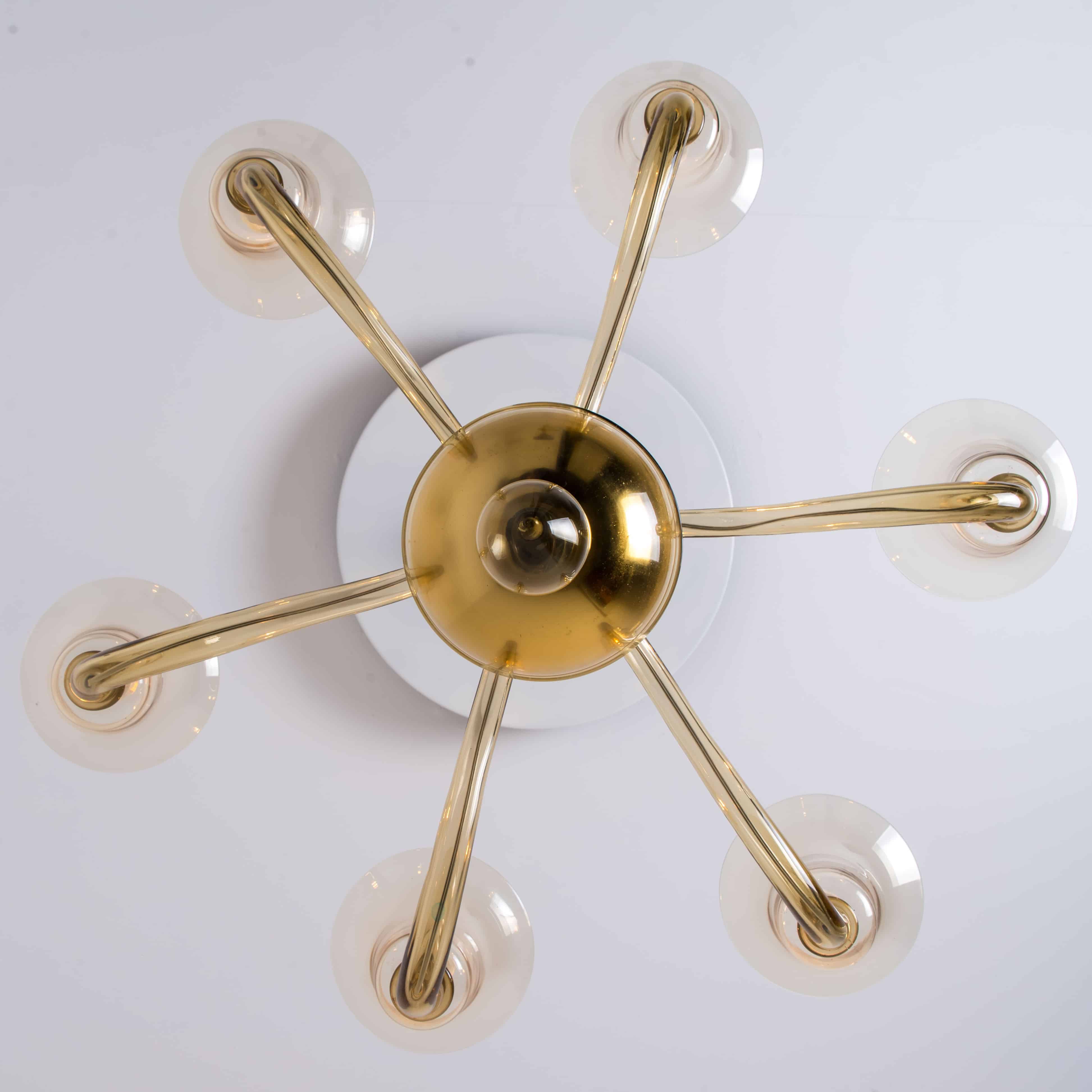 Beautiful Murano Amber Glass 6 Arms Chandelier with Brass Rod