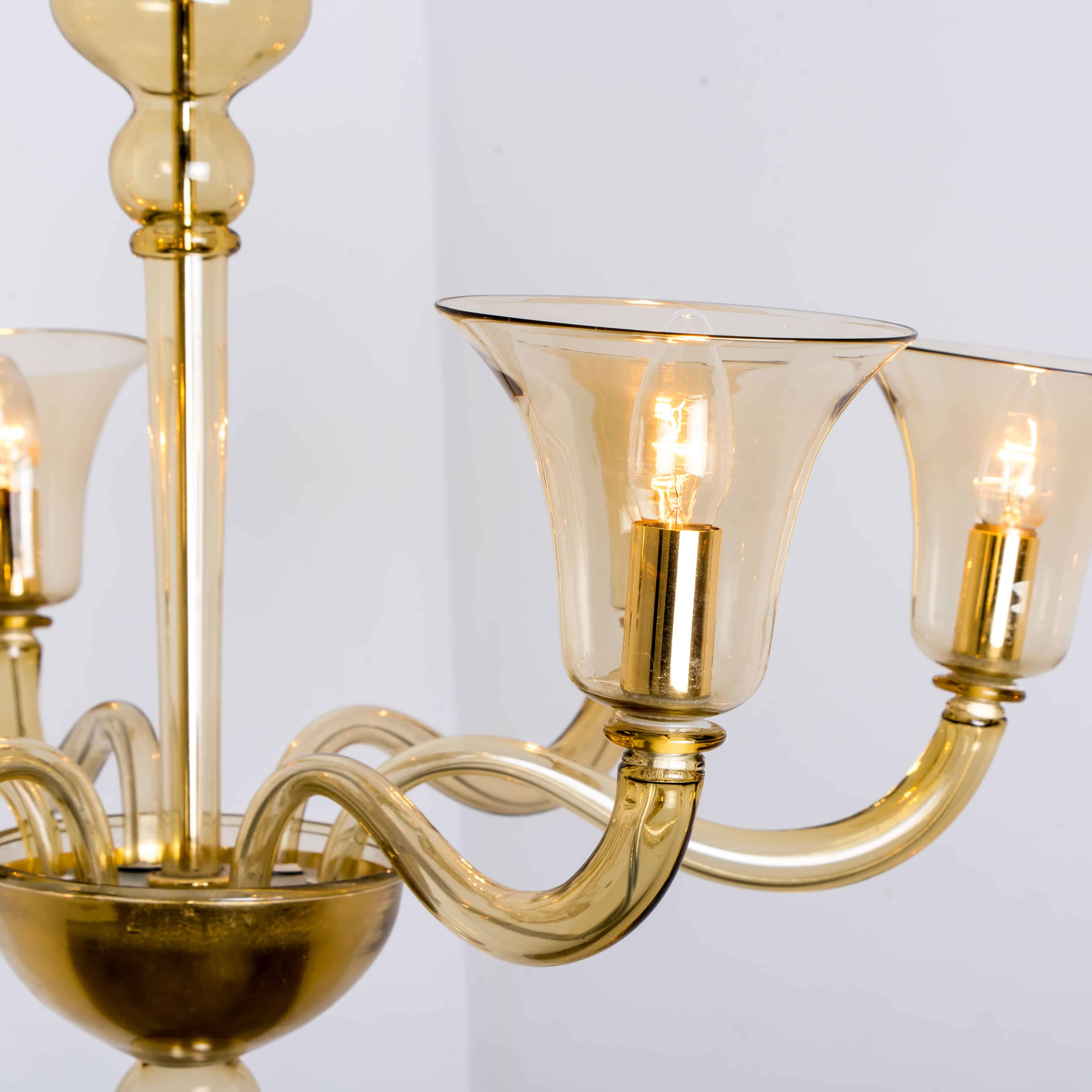 Beautiful Murano Amber Glass 6 Arms Chandelier with Brass Rod