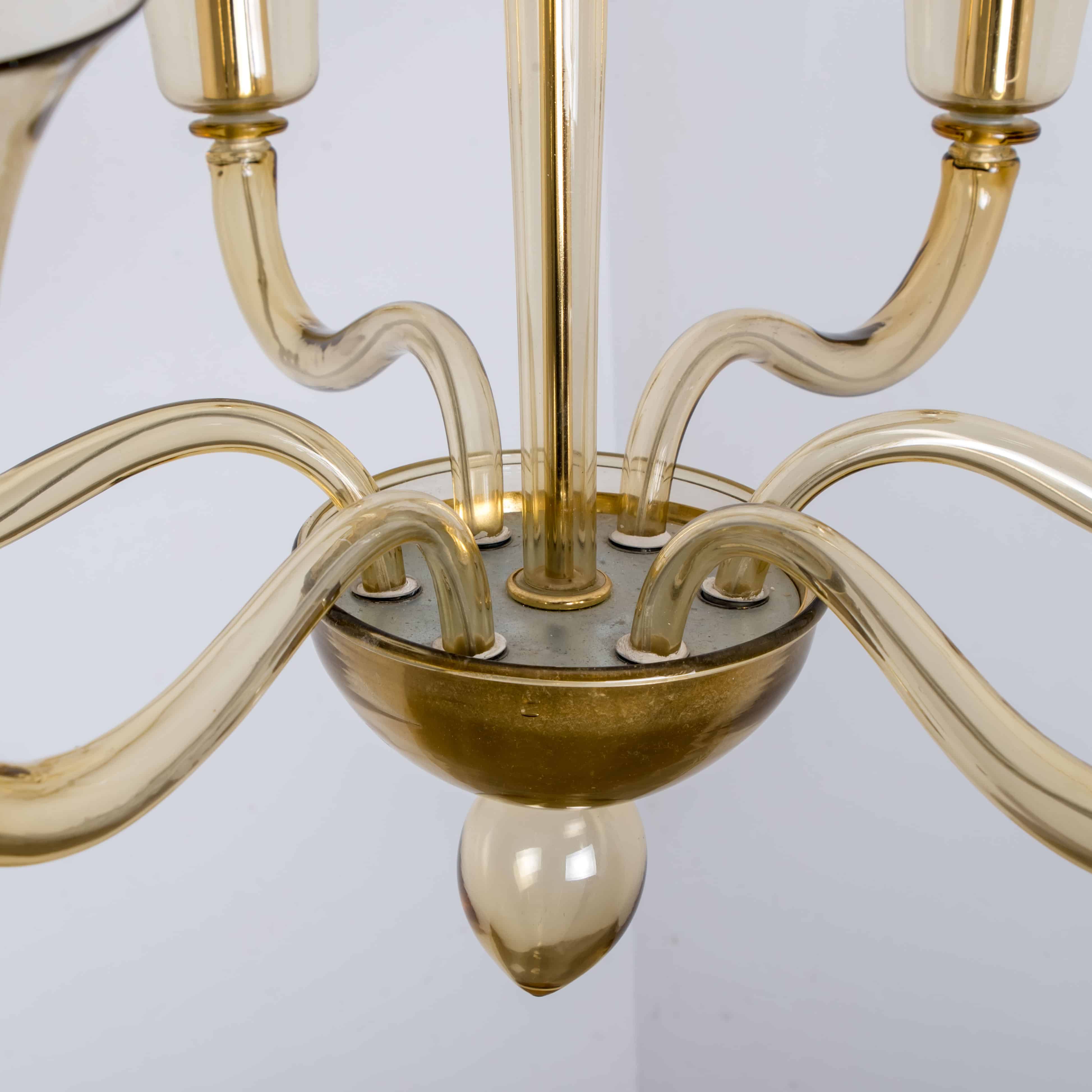Beautiful Murano Amber Glass 6 Arms Chandelier with Brass Rod