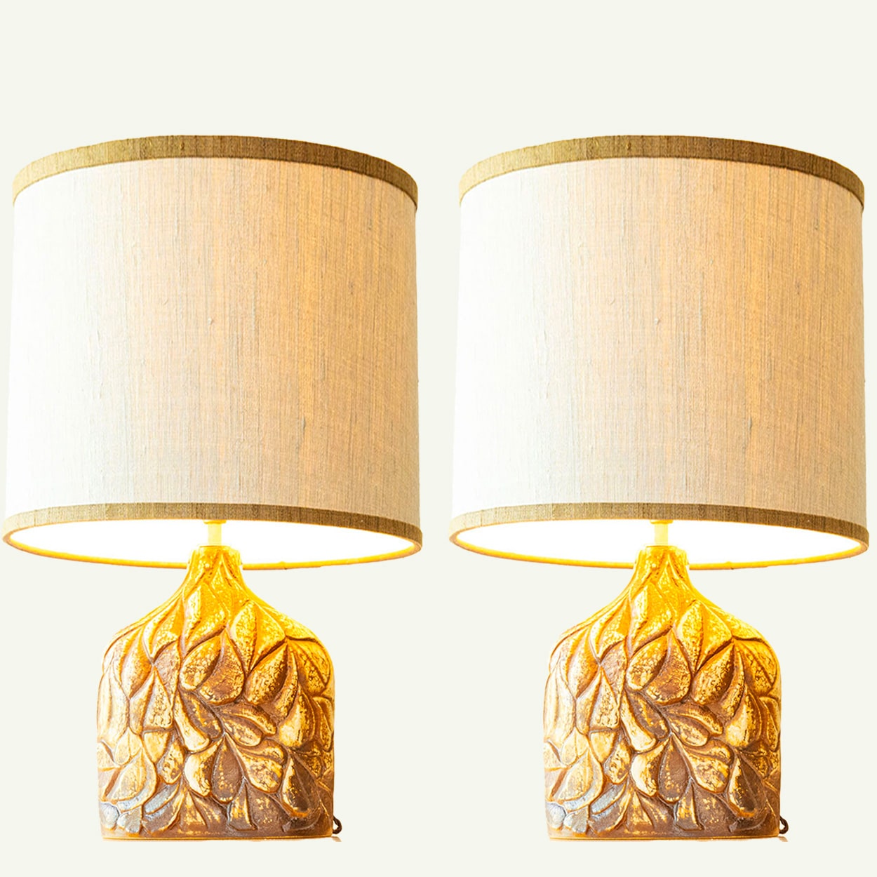 1 of the 2 Brown Leafs Ceramic Table Lamps by Soholm, Custom Shades by R. Houben