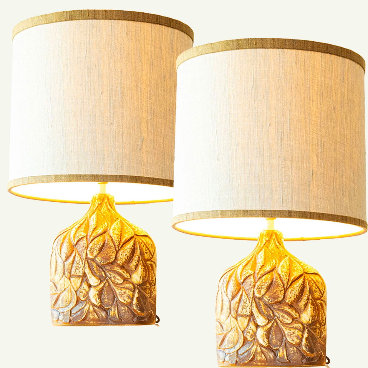 1 of the 2 Brown Leafs Ceramic Table Lamps by Soholm, Custom Shades by R. Houben