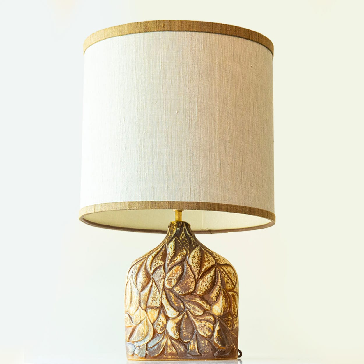 1 of the 2 Brown Leafs Ceramic Table Lamps by Soholm, Custom Shades by R. Houben