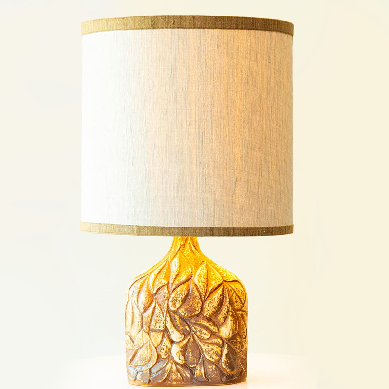 1 of the 2 Brown Leafs Ceramic Table Lamps by Soholm, Custom Shades by R. Houben