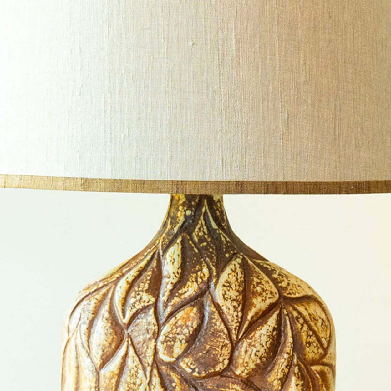 1 of the 2 Brown Leafs Ceramic Table Lamps by Soholm, Custom Shades by R. Houben