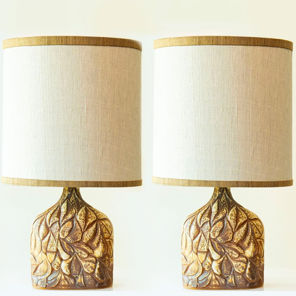 1 of the 2 Brown Leafs Ceramic Table Lamps by Soholm, Custom Shades by R. Houben