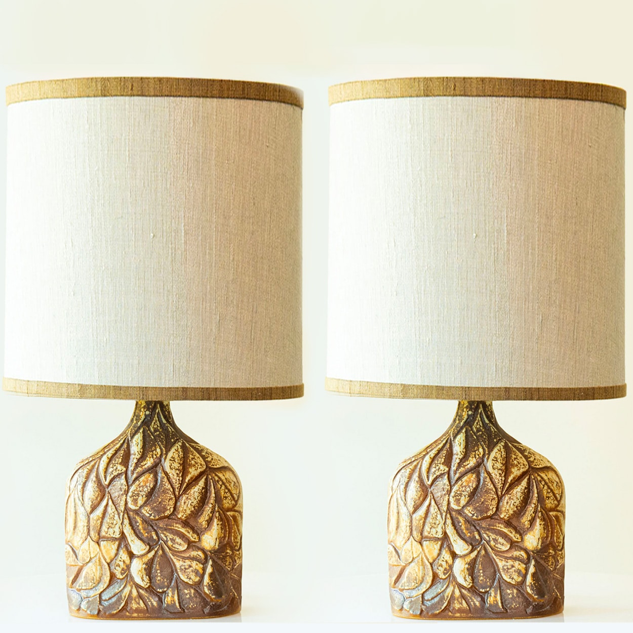 1 of the 2 Brown Leafs Ceramic Table Lamps by Soholm, Custom Shades by R. Houben