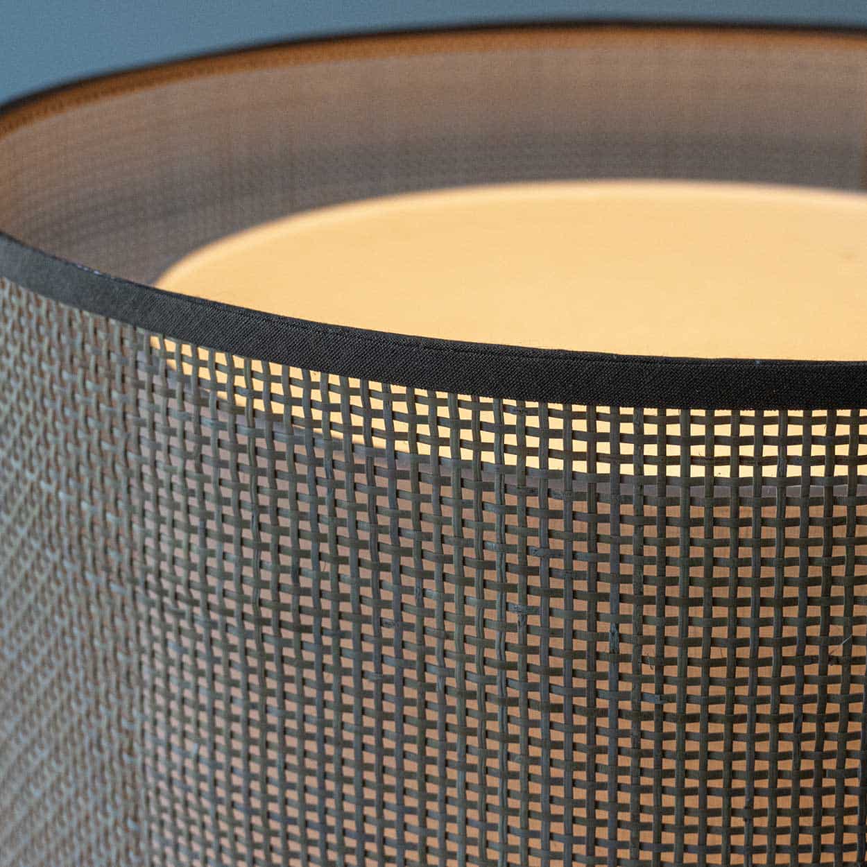 Blue Ceramic and Wood Table Lamp, Custom Rattan Double Lampshade by R. Houben