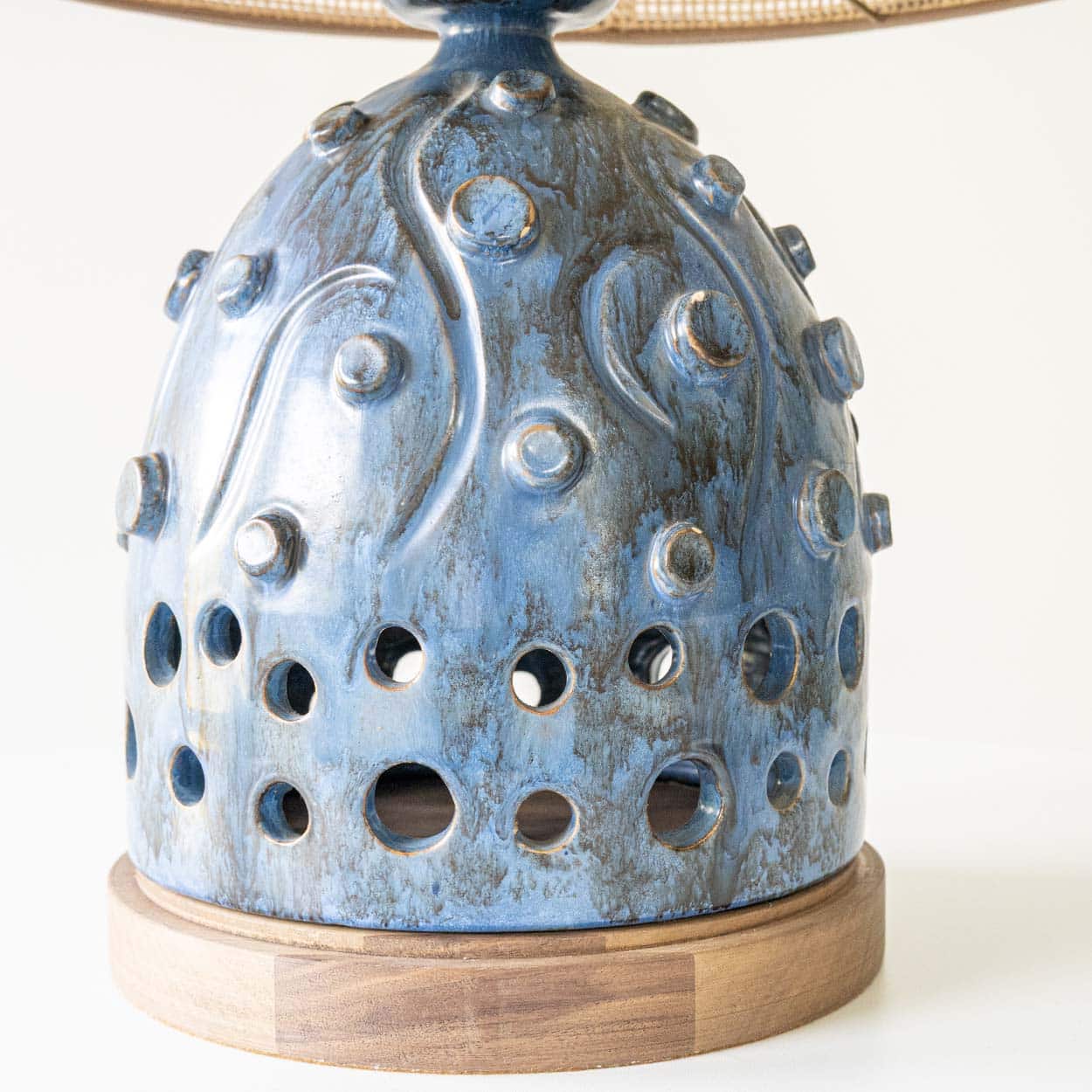 Blue Ceramic and Wood Table Lamp, Custom Rattan Double Lampshade by R. Houben