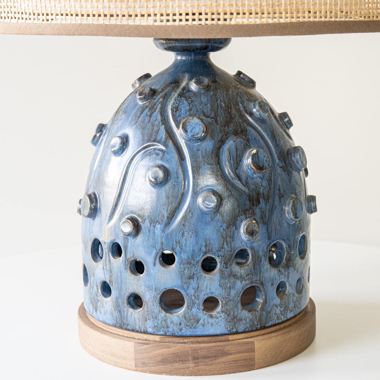 Blue Ceramic and Wood Table Lamp, Custom Rattan Double Lampshade by R. Houben