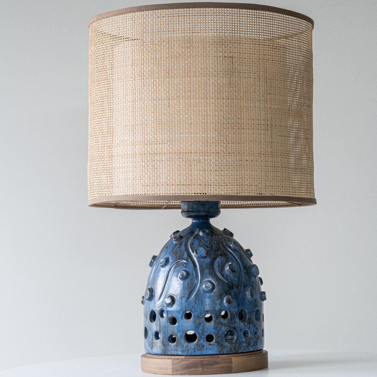 Blue Ceramic and Wood Table Lamp, Custom Rattan Double Lampshade by R. Houben
