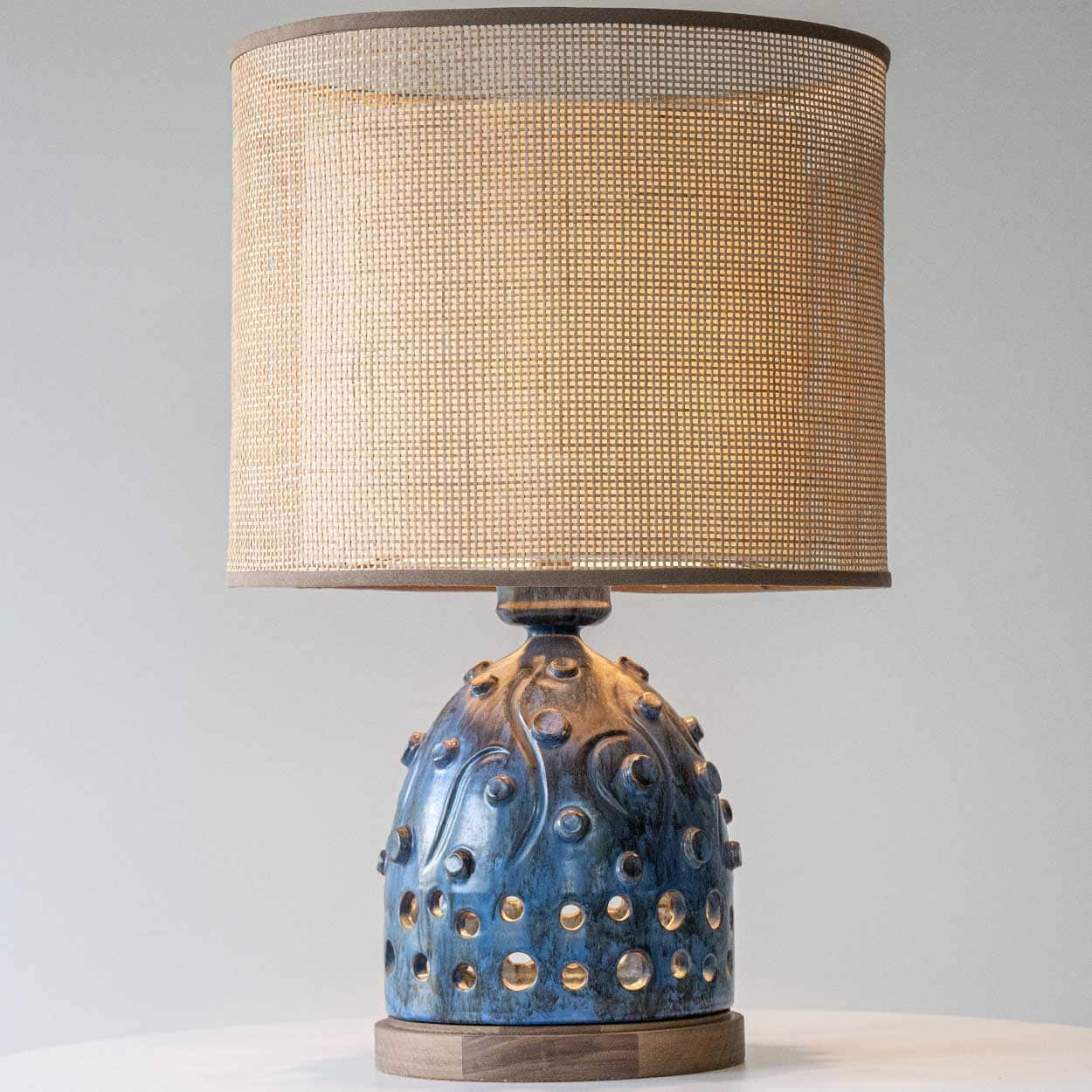 Blue Ceramic and Wood Table Lamp, Custom Rattan Double Lampshade by R. Houben
