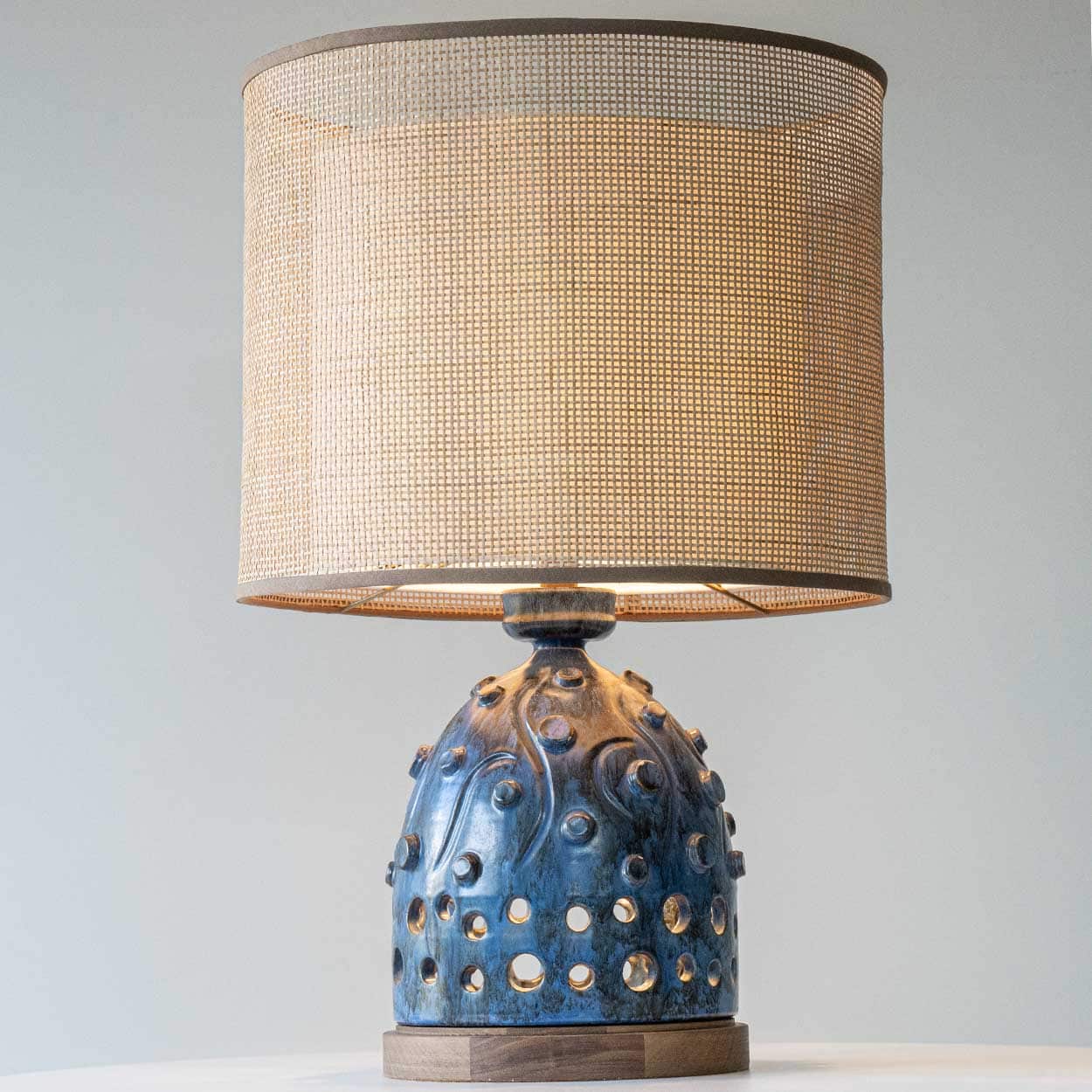 Blue Ceramic and Wood Table Lamp, Custom Rattan Double Lampshade by R. Houben