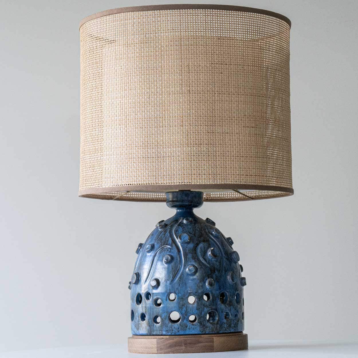 Blue Ceramic and Wood Table Lamp, Custom Rattan Double Lampshade by R. Houben