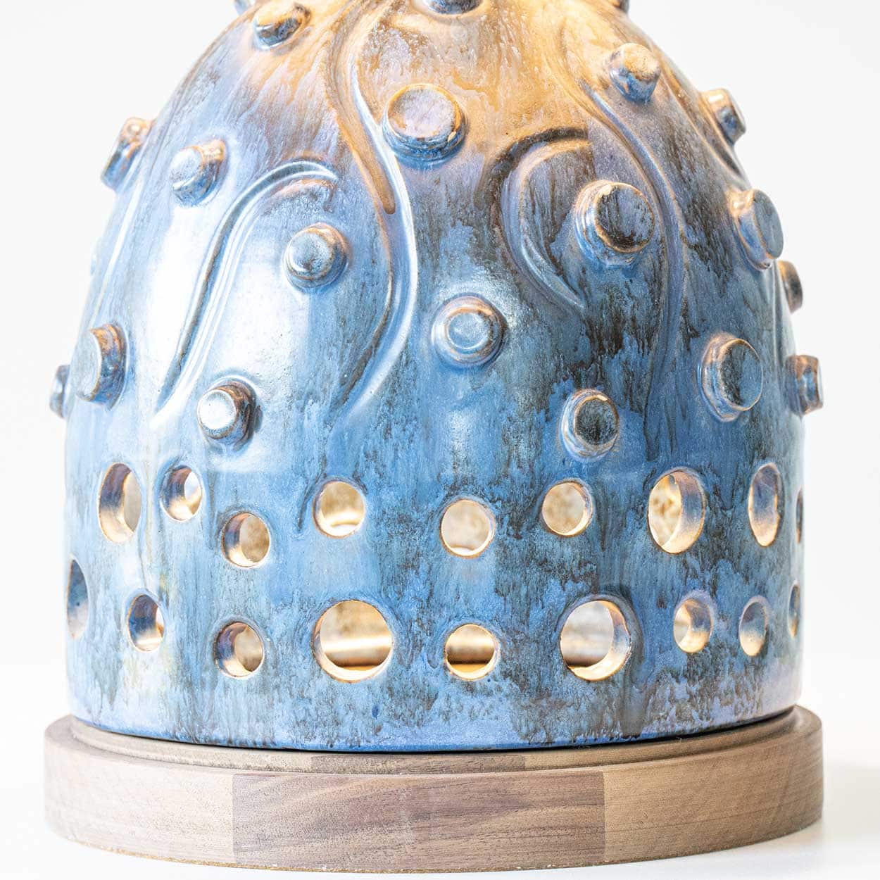 Blue Ceramic and Wood Table Lamp, Custom Rattan Double Lampshade by R. Houben