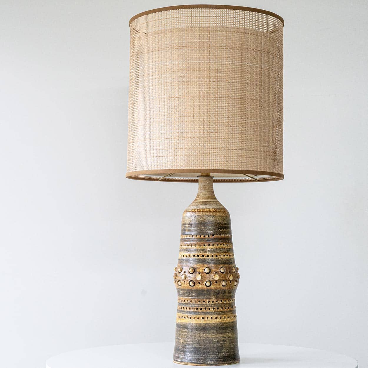 Georges Pelletier Ceramic Lamp, Custom Double Silk Rattan Lampshade by R. Houben