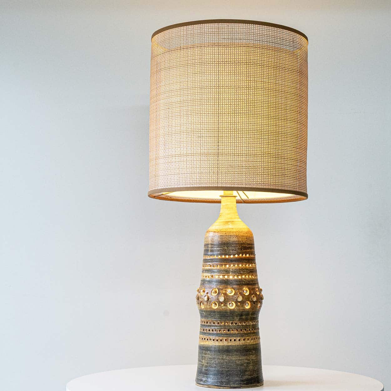 Georges Pelletier Ceramic Lamp, Custom Double Silk Rattan Lampshade by R. Houben