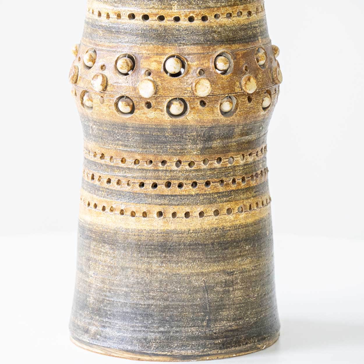 Georges Pelletier Ceramic Lamp, Custom Double Silk Rattan Lampshade by R. Houben