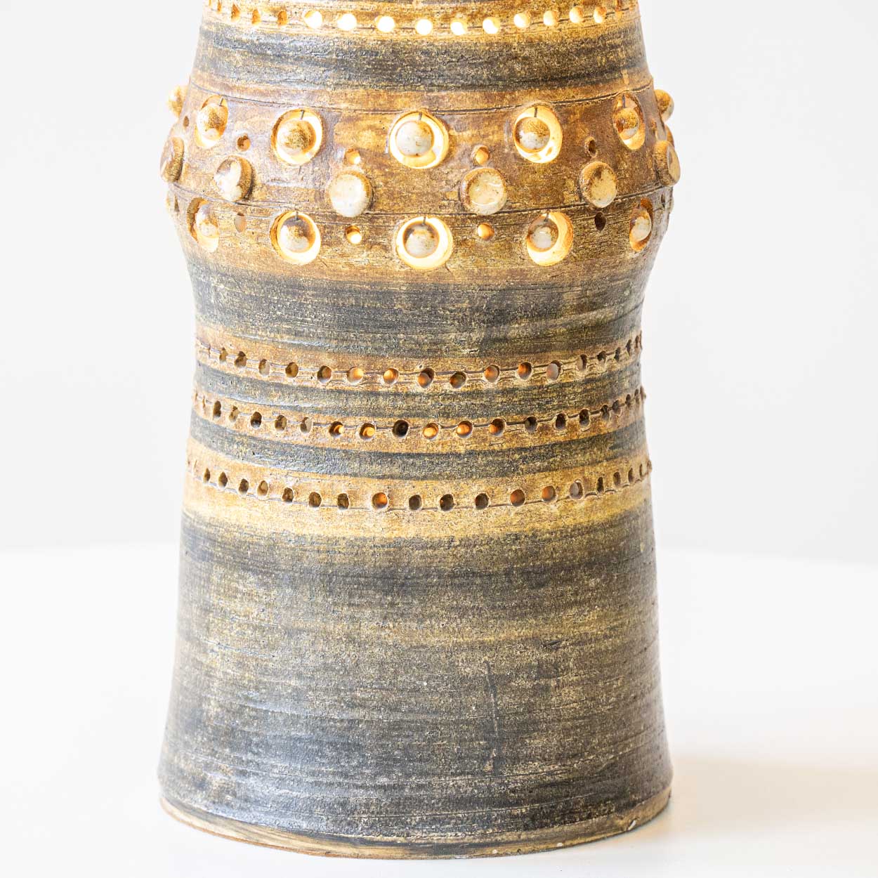 Georges Pelletier Ceramic Lamp, Custom Double Silk Rattan Lampshade by R. Houben