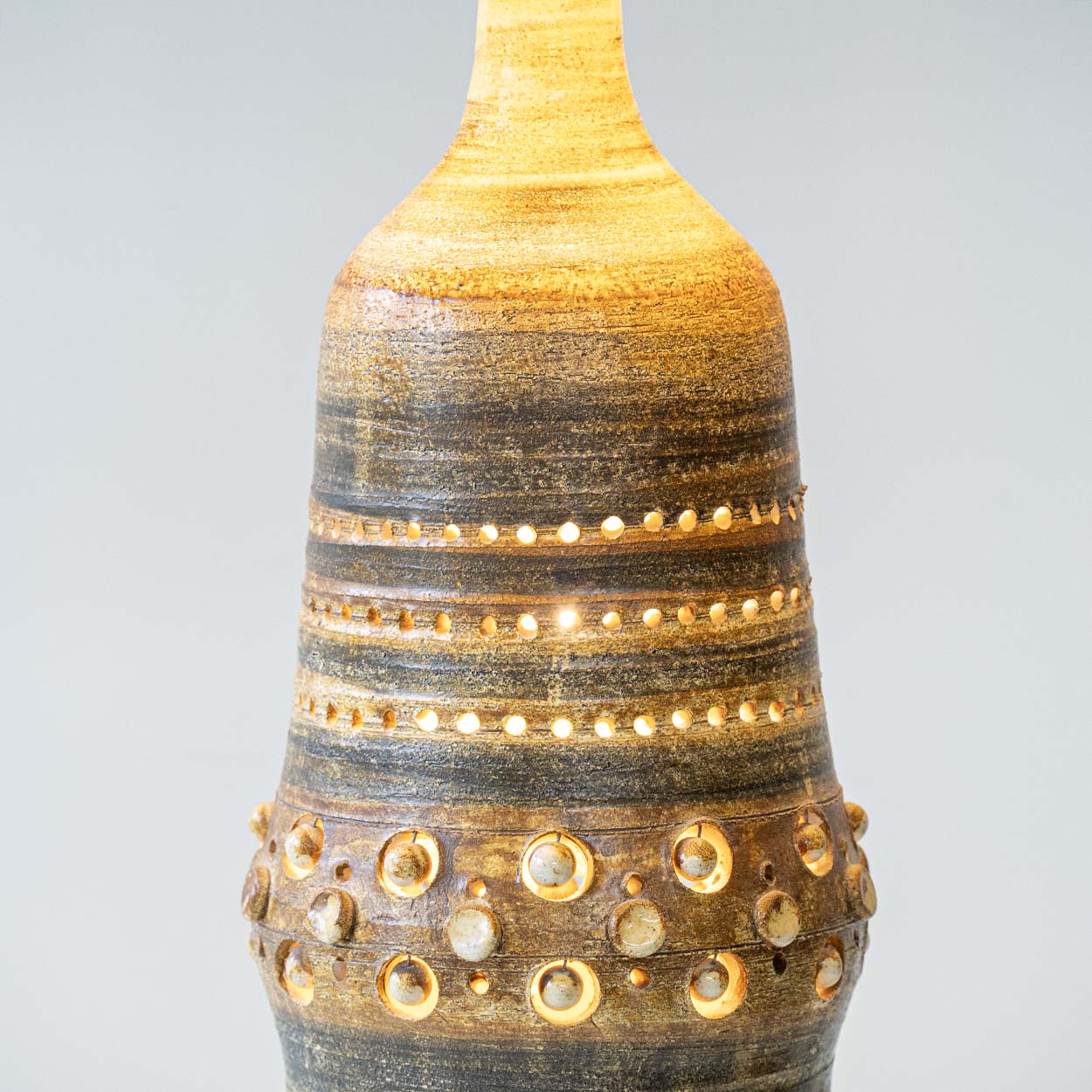 Georges Pelletier Ceramic Lamp, Custom Double Silk Rattan Lampshade by R. Houben