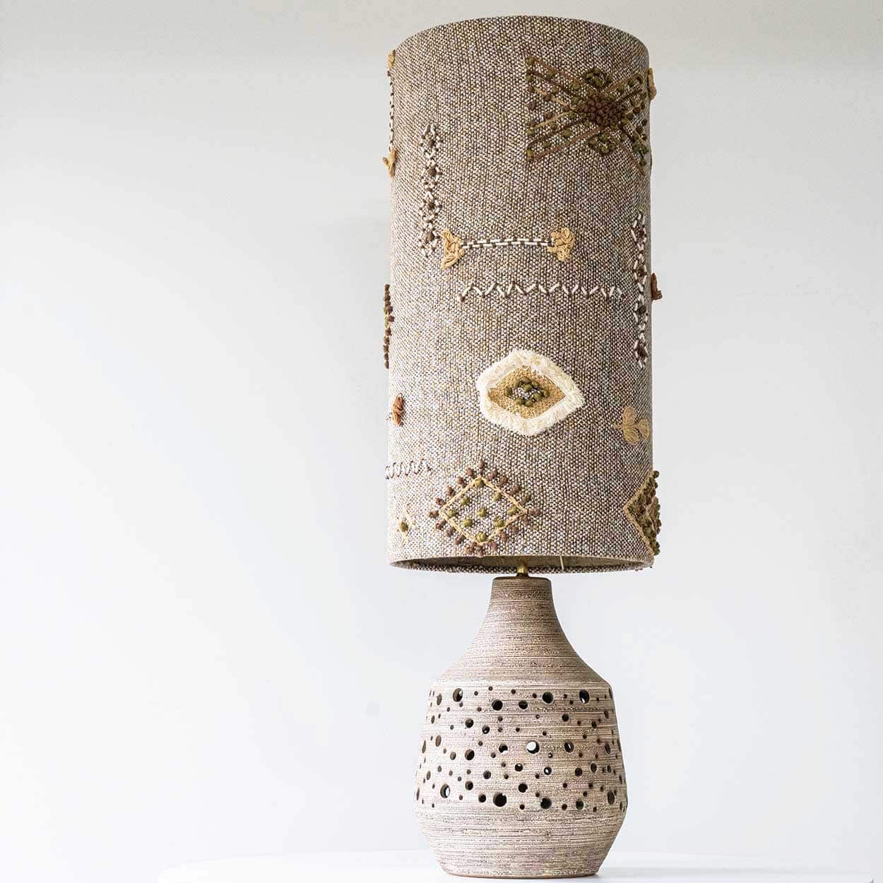 Natural Ceramic Lamp in the style of Pelletier, Custom Made Emboidered Lampshade