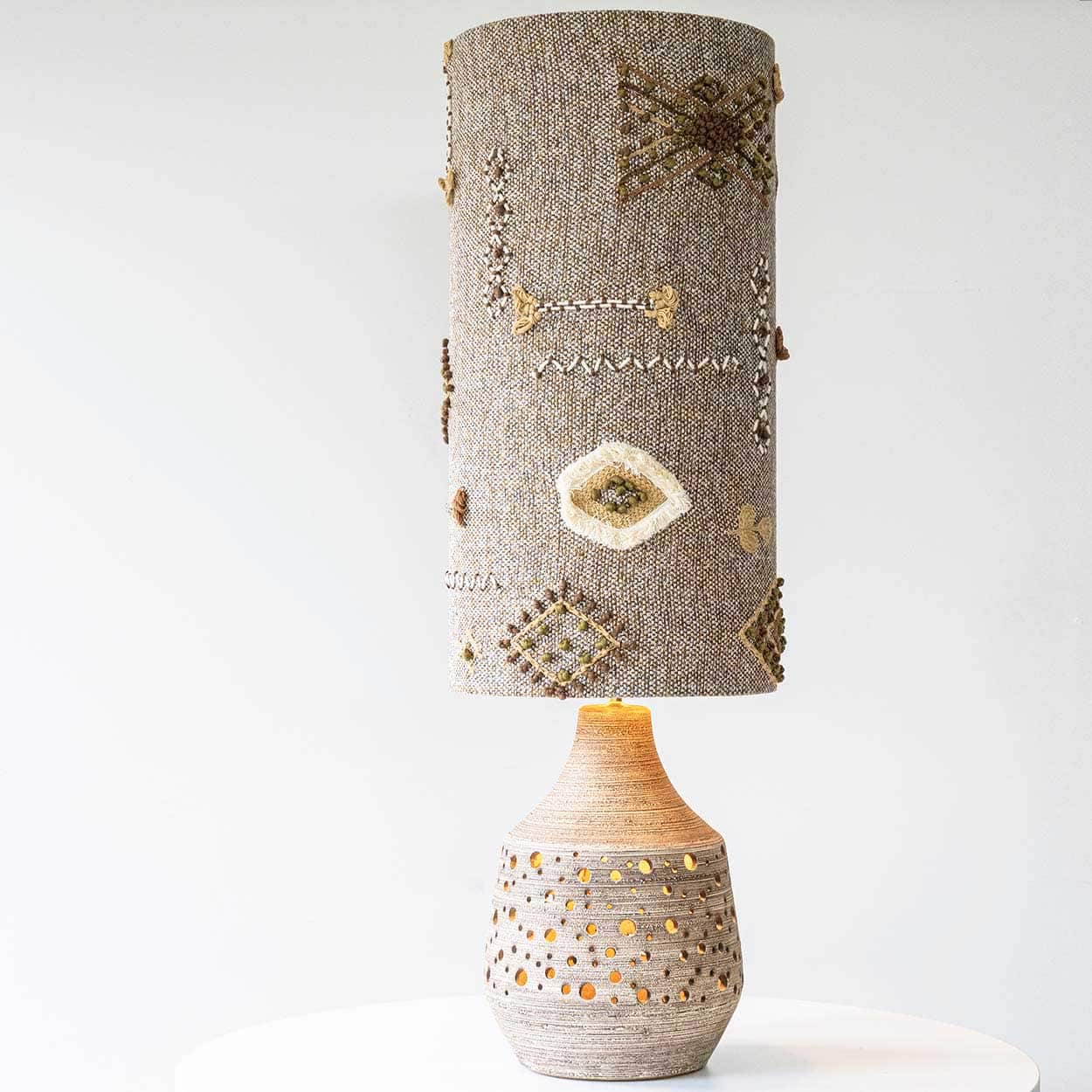 Natural Ceramic Lamp in the style of Pelletier, Custom Made Emboidered Lampshade