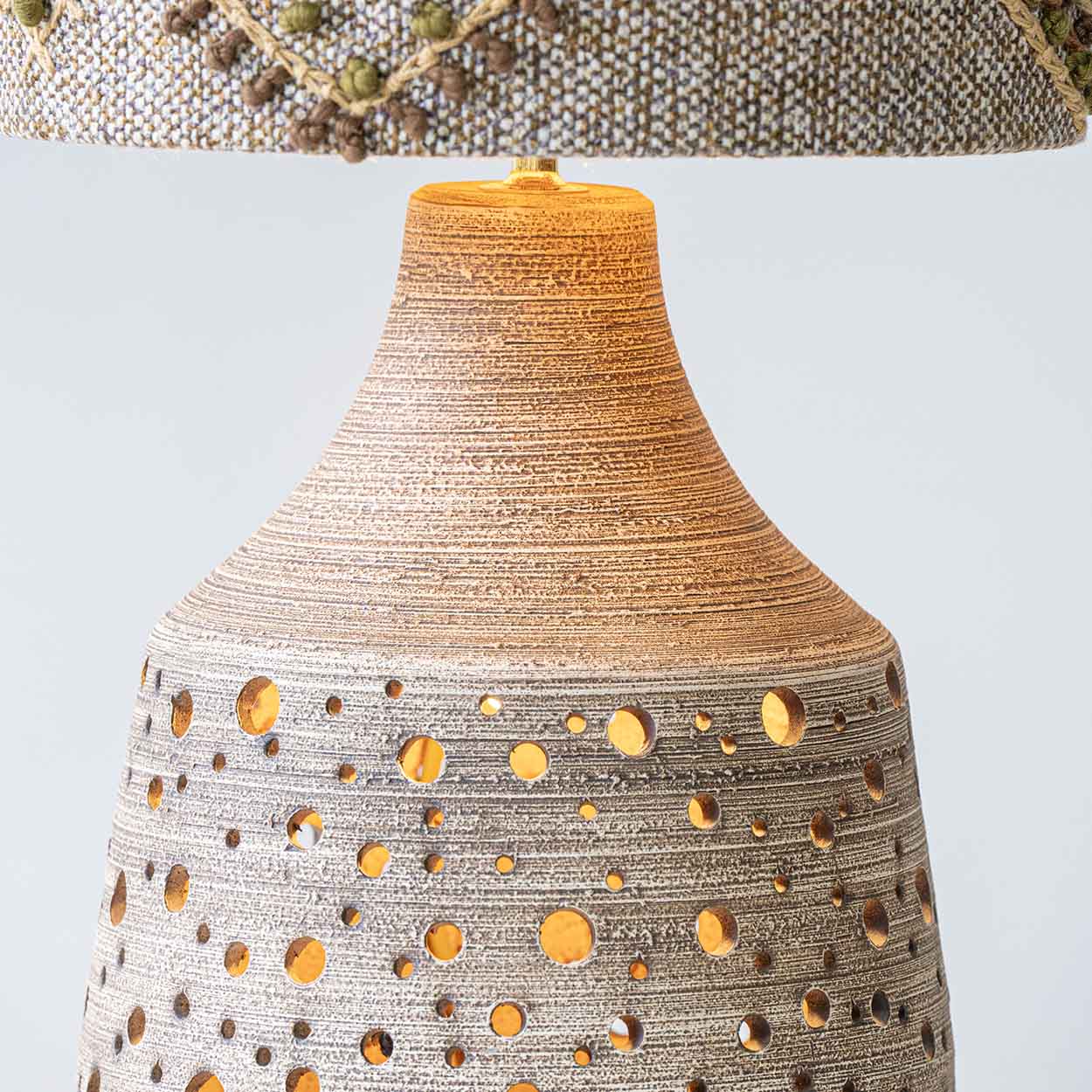 Natural Ceramic Lamp in the style of Pelletier, Custom Made Emboidered Lampshade