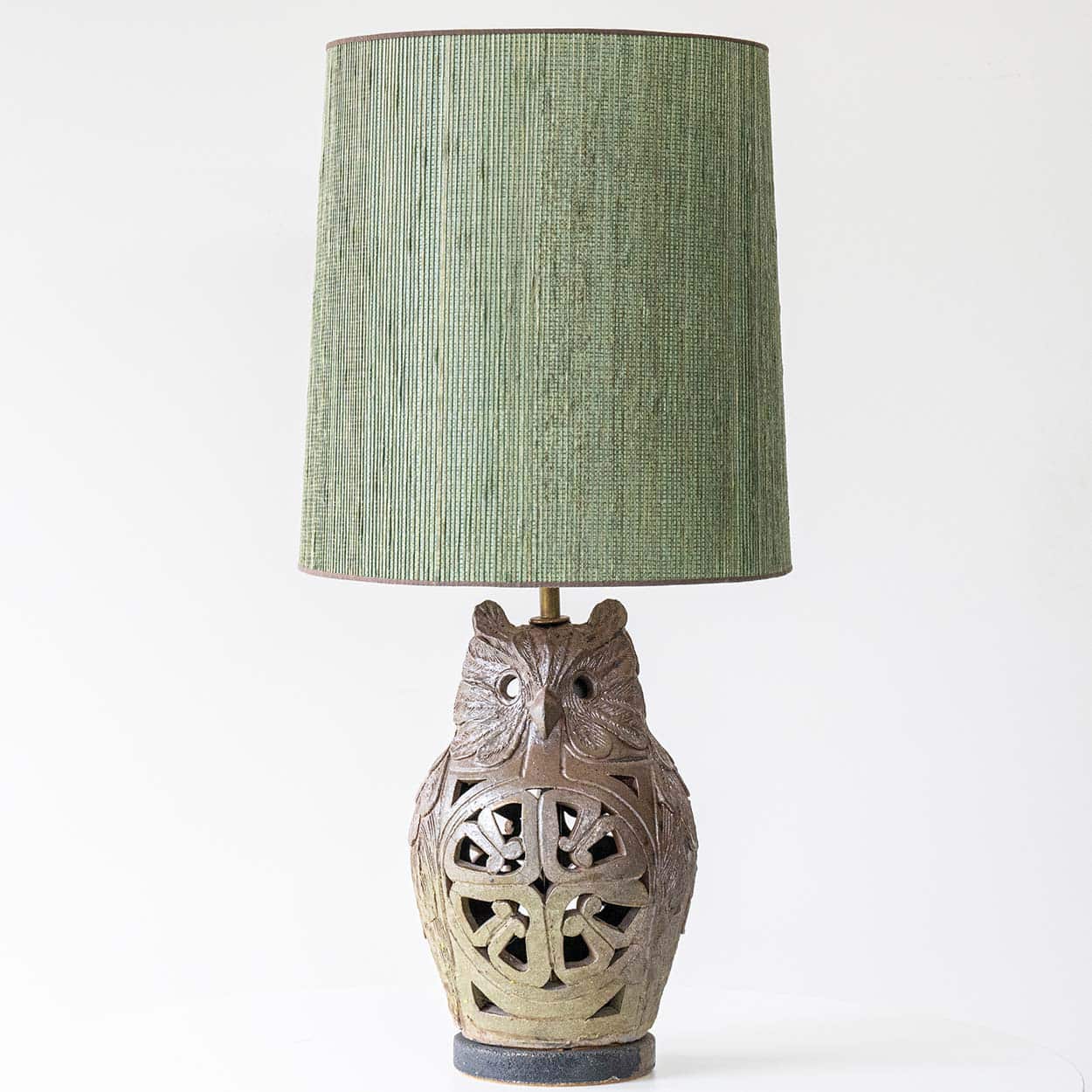 Ceramic Owl Table Lamps, Custom Green Lampshades by René Houben, 1970