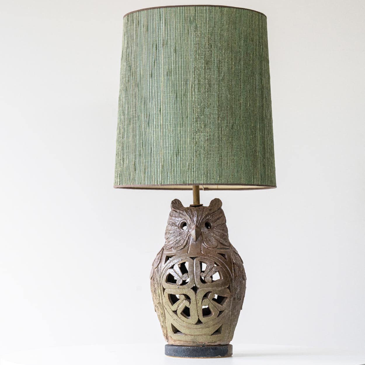 Ceramic Owl Table Lamps, Custom Green Lampshades by René Houben, 1970