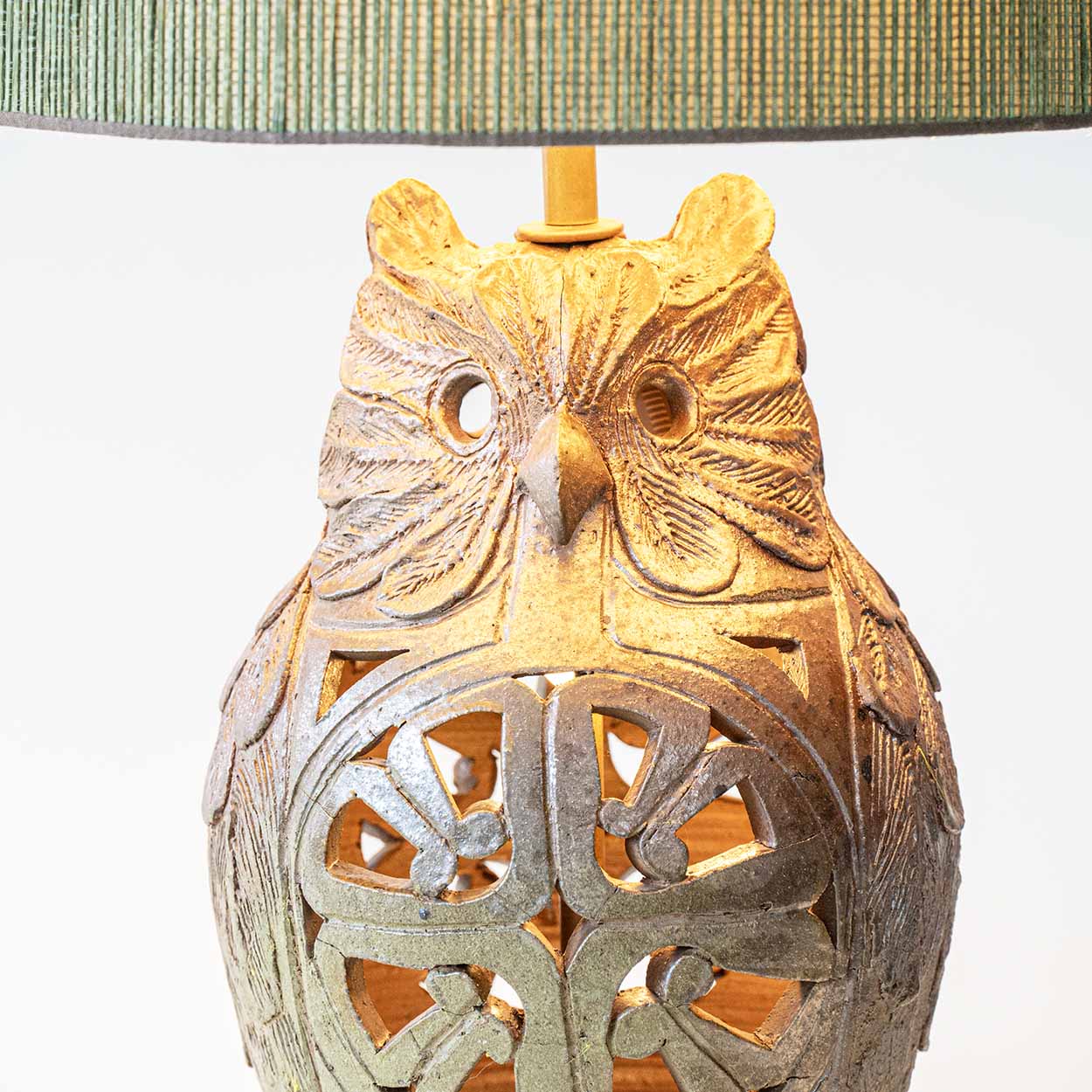 Ceramic Owl Table Lamps, Custom Green Lampshades by René Houben, 1970