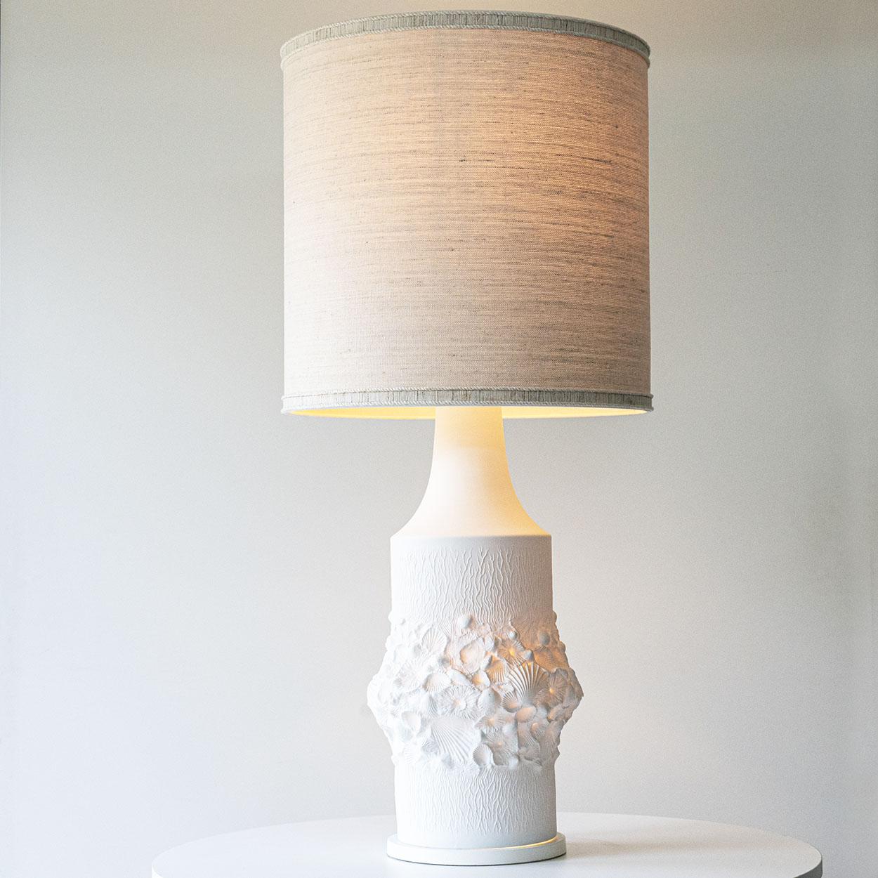 Illuminated Porcelaine Floor Table Lamp, Custom Made Silk Lampshade R. Houben