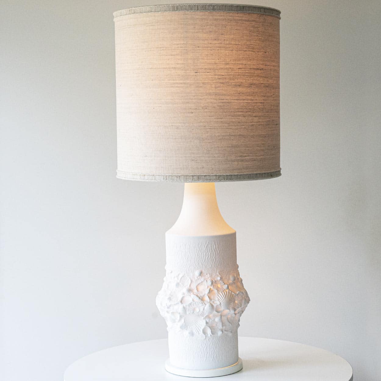 Illuminated Porcelaine Floor Table Lamp, Custom Made Silk Lampshade R. Houben