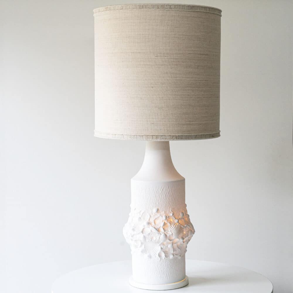 Illuminated Porcelaine Floor Table Lamp, Custom Made Silk Lampshade R. Houben